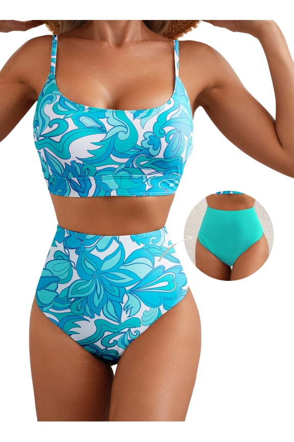Women Swimsuit High Waisted Bikini Sets Tummy Control Swim Suits Color Block Two Piece Bathing Suits Summer Swim Top with Reversible Bottom Swimwear Blue