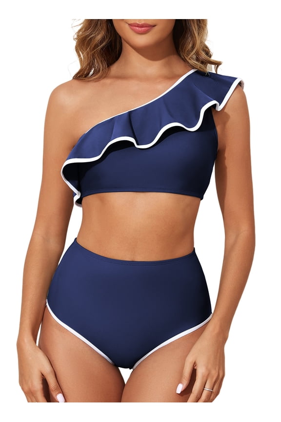 Women Swimsuits High Waisted Bikini Sets for Women Bathing Suits Color Block Trim Ruffle Hem Swimsuits 2025 Summer Beach Swimwear Navy Blue L