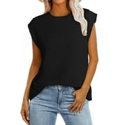 Eytino Woman Tops Summer Cap Sleeve Basic T-Shirt Textured Loose Fit Crewneck Tee Shirts Casual Workout Blouse Black S-2XL