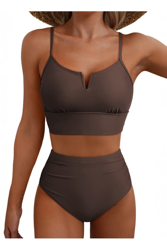 Women's 2 Piece Bathing Suit High Waisted Bikini Sets Tummy Control Swimsuits 2026 Beach Vacation Swim Suits Dark Brown 2XL