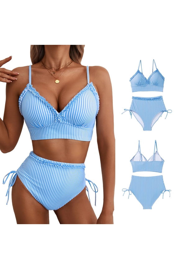 Women's 2 Piece Swimsuit High Waisted Bikini Set Tummy Control Bathing Suits for Women Ruffle Trim Drawstring Swimwear Blue Stripes XL