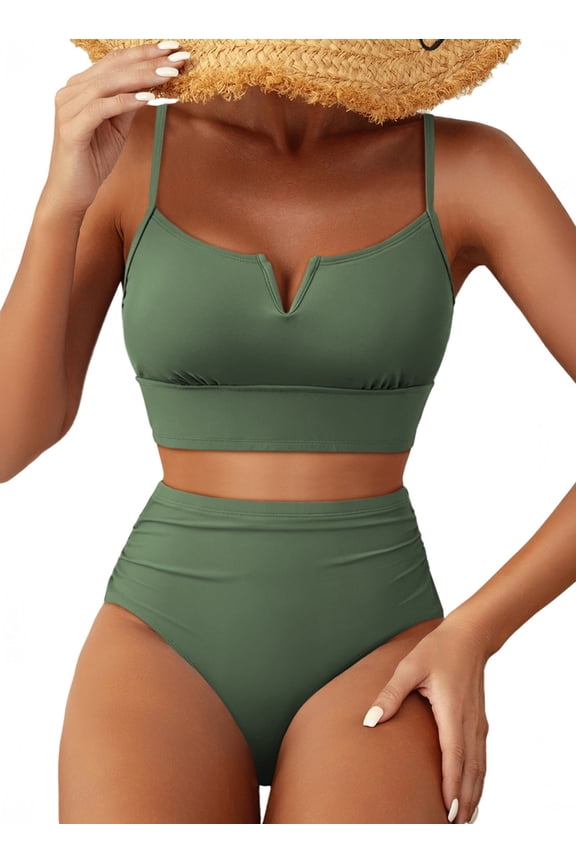 Women's Bathing Suit High Waisted Bikini Sets for Women V Wire Two Piece Swimsuits Mist Green Size L