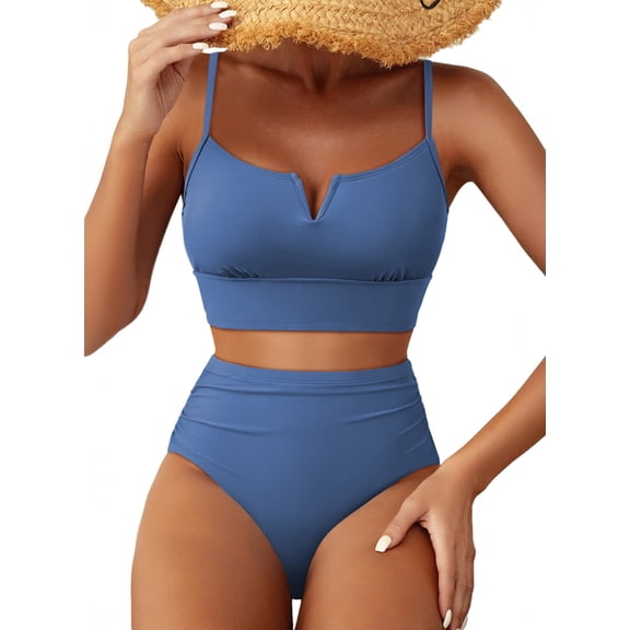 Eytino Women's Bathing Suit High Waisted Bikini Sets for Women V Wire Two Piece Swimsuits Swim Suits 2026 Tummy Control Swimsuit Ashleigh Blue L
