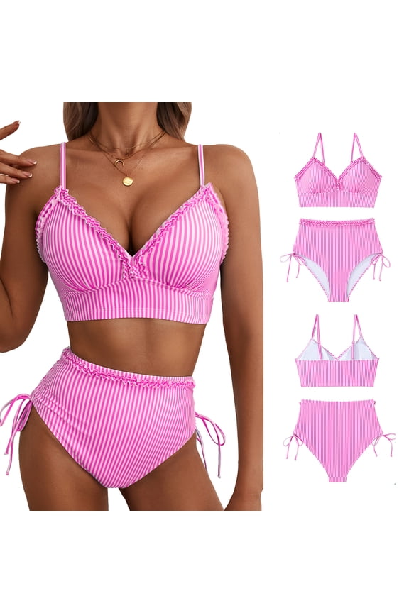 Women's Bikini Set Splice Ruffle Trim High Waisted Bathing Suits for Women Two Piece Swimsuit 2026 Summer Swimwear Pink Stripes XL