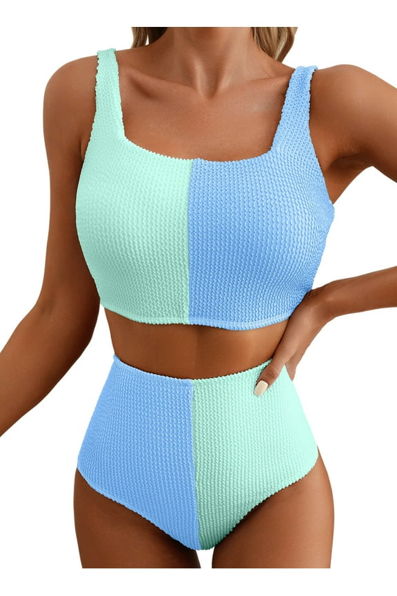 Women's Bikini Sets Bikinis for Women Two Piece Swimsuits Scrunch Square Neck High Waisted Bathing Suits Color Block Bikini Swimsuits Beach Swimwear Blue Color Block S