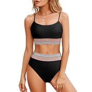 Eytino Womens Bikini Sets Colorblock Trim 2 Piece Swimsuit High Waisted Bathing Suits for Women Scoop Neck Adjustable Spaghetti Straps Bikini Swimwear Black M