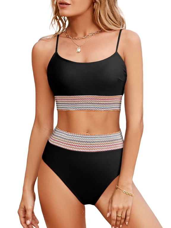 Women's Bikini Sets Colorblock Trim 2 Piece Swimsuit High Waisted Bathing Suits for Women Scoop Neck Adjustable Spaghetti Straps Bikini Swimwear Black M