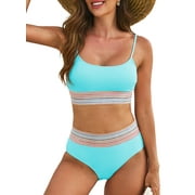 Eytino Women's Bikini Sets Colorblock Trim 2 Piece Swimsuit High Waisted Bathing Suits for Women Scoop Neck Adjustable Spaghetti Straps Bikini Swimwear Blue M