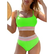 Eytino Womens Bikini Sets Colorblock Trim 2 Piece Swimsuit High Waisted Bathing Suits for Women Scoop Neck Adjustable Spaghetti Straps Bikini Swimwear Green XS