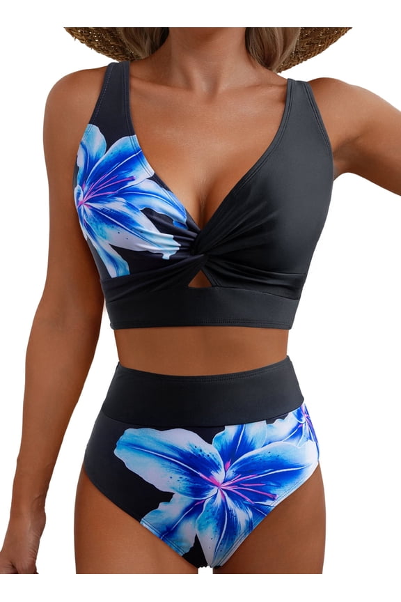 Women's Bikini Sets High Waisted Bathing Suits Twist Front Two Piece Color Block Full Coverage Beach Summer Swimwear