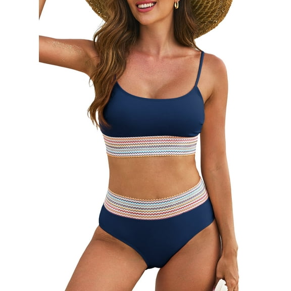 Eytino Women's Bikini Swimsuit Colorblock Trim 2 Piece High Waisted Swimsuit Scoop Neck Adjustable Spaghetti Straps Bathing Suit Bikini Swimwear Navy Blue XS