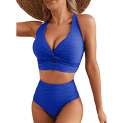 Eytino Women's Bikini Swimsuits 2 Piece Swimsuit for Women Twist Front Top Swimsuits High Waisted Bathing Suits Bikini Set Summer Swimwear Dark Blue L