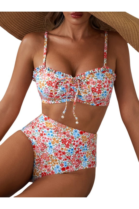 Women's Bikini Swimsuits Floral Print Bikini Sets Lace Up Front 2 Piece Swimsuit Ruched Ruffle Trim High Wasited Bathing Suit M