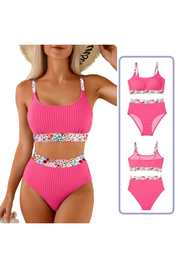 Women's Bikini Swimsuits Textured Floral Print Scoop Neck Bikini Set High Waisted Bathing Suits Two Piece Swimsuit Rose Red XS