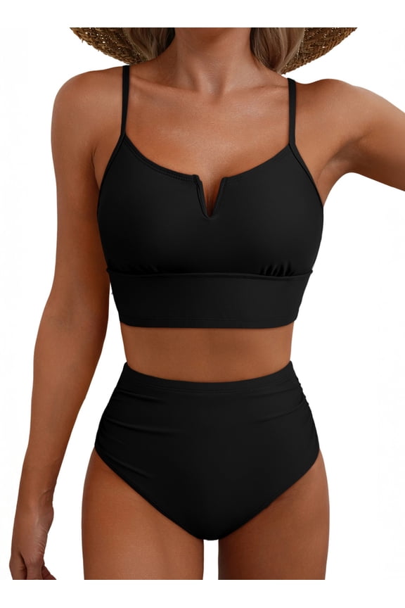 Women's Bikini Swimsuits V Wire Two Piece Bathing Suit High Waisted Bikini Sets with Tummy Control Black 2XL