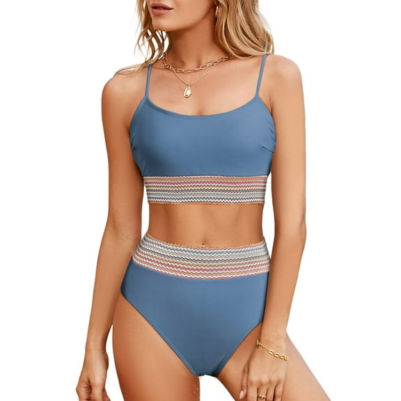Eytino Women's High Waist Bikini Set Colorblock Trim 2 Piece Swimsuit Sexy Bathing Suit Vacation Swimwear Dusk Blue S