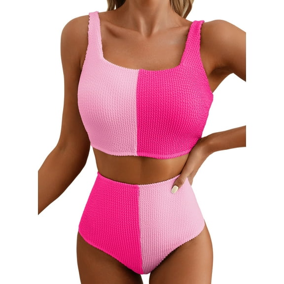 Eytino Women's High Waist Bikini Set Two Piece Swimsuits for Women Color Block Scrunch Square Neck Bathing Suit 2025 Summer Beach Swimwear Pink Color Block S