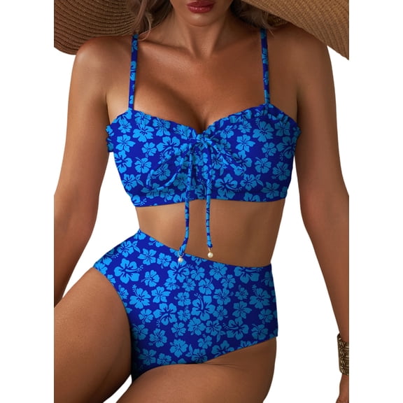 Eytino Women's High Waisted Bikini Set Floral Print Front Lace Up 2 Piece Swimsuit Ruched Ruffle Trim Bathing Suit with Adjustable Spaghetti Straps M