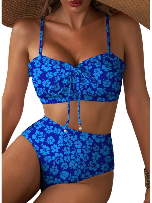 Women's High Waisted Bikini Set Floral Print Front Lace Up 2 Piece Swimsuit Ruched Ruffle Trim Bathing Suit with Adjustable Spaghetti Straps M