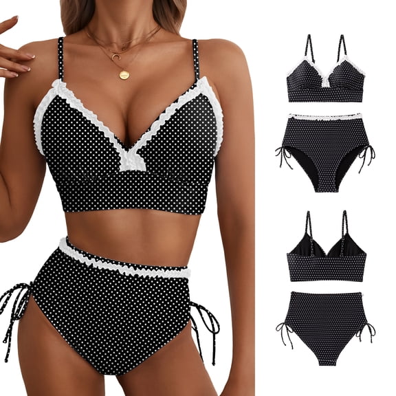 Eytino Women's High Waisted Bikini Set Ruffle Trim Two Piece Swimsuit Tie Side Bathing Suits with Adjustable Spaghetti Straps Black M