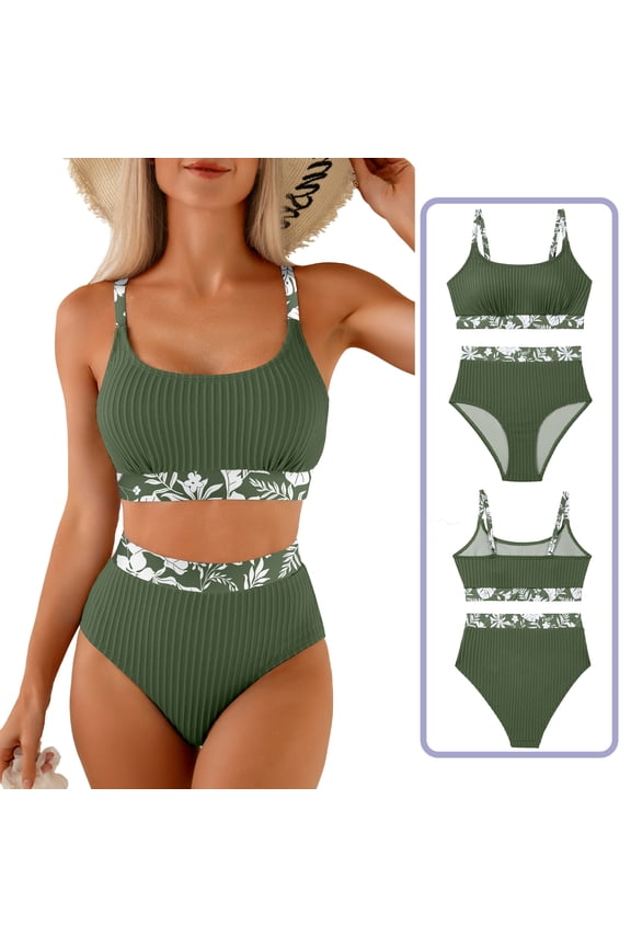 Women's High Waisted Bikini Set - Textured Two Piece Swimsuit with Scoop Neck and Floral Print Dark Green M