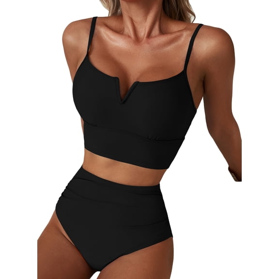 Eytino Women's High Waisted Bikini Sets V-Wire Two Piece Swimsuits Tummy Control Bathing Suits for Women 2026 Beach VacationSwim Suits Black S