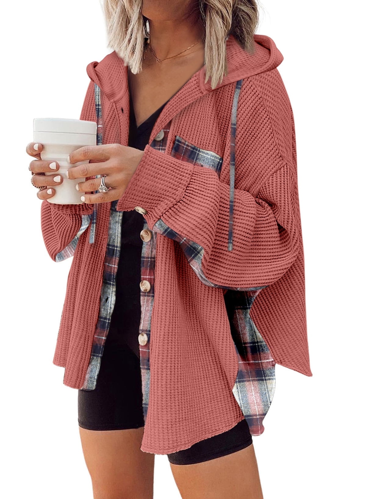 Shacket Women Fall Women's Casual Waffle Knit Shacket Jacket Long