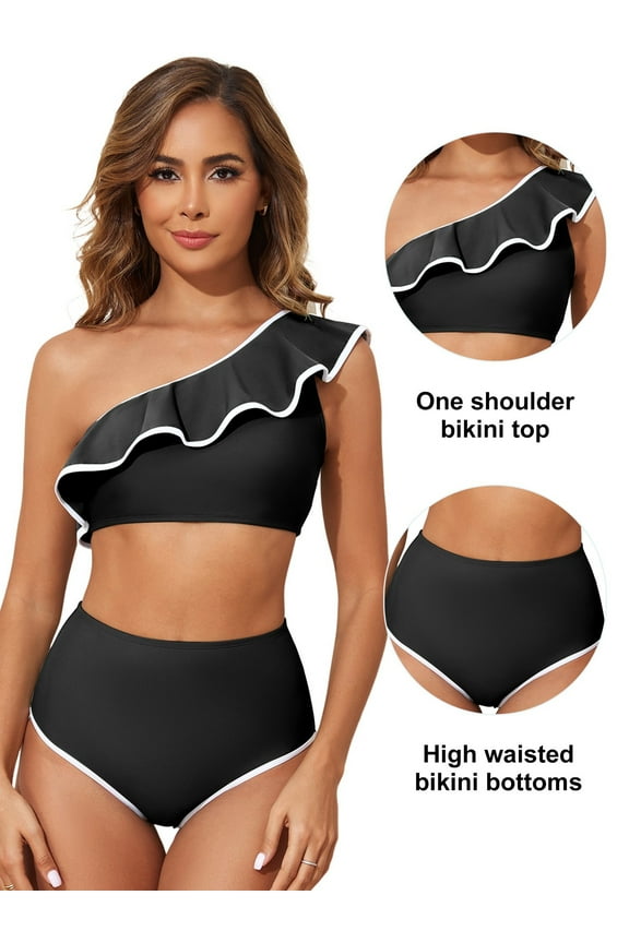 Women's One Shoulder Bikini Sets High Waisted Bathing Suits for Women Color Block Trim Ruffle Hem Swimsuits 2025 Summer Beach Swimwear Black L
