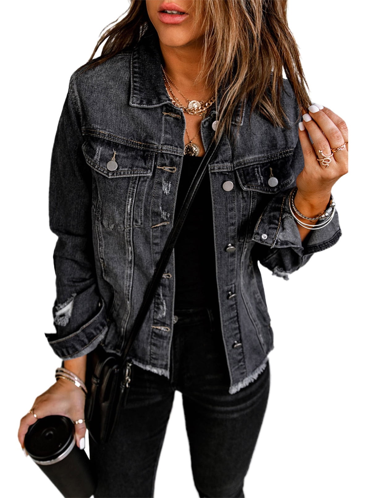 Jean Jacket Women Oversized Black Denim Jacket at  Women's Coats Shop