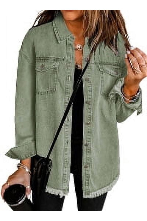 Women's Oversized Denim Jacket Casual Long Boyfriend Jean Jacket for Autumn Spring Green XL Female