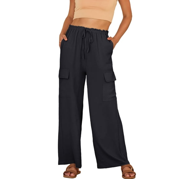 Eytino Women's High Waist Wide Leg Pants, Drawstring Cargo Beach Pants for Vacation Travel, Black, Size M
