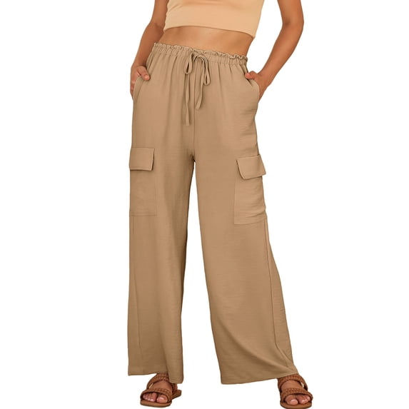 Eytino Women's Wide Leg Cargo Pants, High Waist Drawstring Summer Beach Lounge Trousers, Size L