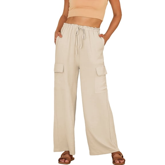 Eytino Women's Wide Leg Cargo Pants, High Waist Drawstring Summer Beach Lounge Trousers, Beige, Size M