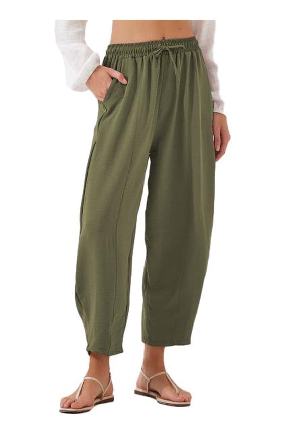 Women's Pants Casual Loose Drawstring Elastic Waist Pants Harem Pants Beach Pants with Pockets Apricot M