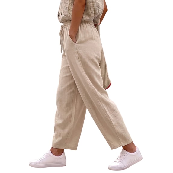 Eytino Women's Pants Casual Loose Drawstring Elastic Waist Pants Harem Pants Beach Pants with Pockets Apricot M