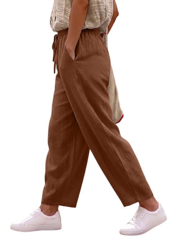 Women's Pants Lightweight Drawstring Pants Casual Elastic High Waisted Baggy Pants Ankle Length Trouser Slacks with Pockets Chestnut 2XL