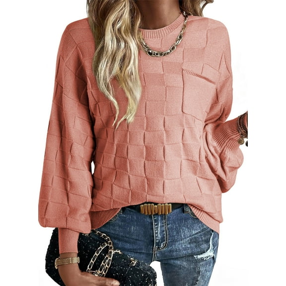 Eytino Women's Pullover Sweaters Casual Crewneck Long Sleeve Sweaters Lightweight Checkered Knit Pullover Tops Fall Sweater Pink Size XL