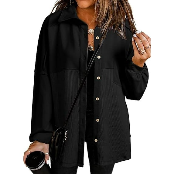 Eytino Women's Shacket Waffle Knit Jackets Shacket Fashion Button Down Shirt Loose Fit Long Sleeve Tops S-2XL