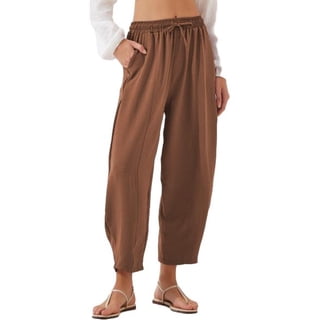 Eytino Women's Summer Casual Pants Loose Comfy Lightweight Lounge Pant Elastic Waist Crop Pants Relax Beach Trousers with Pockets Chestnut M