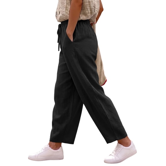 Eytino Women's Summer High Waisted Baggy Pants Casual Ankle Length Trouser Slacks with Pockets Black L