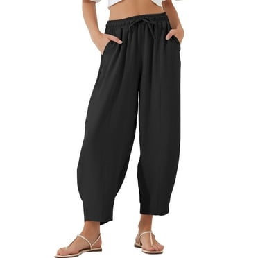 Eytino Women's Summer High Waisted Baggy Pants Casual Ankle Length Trouser Slacks with Pockets Black L