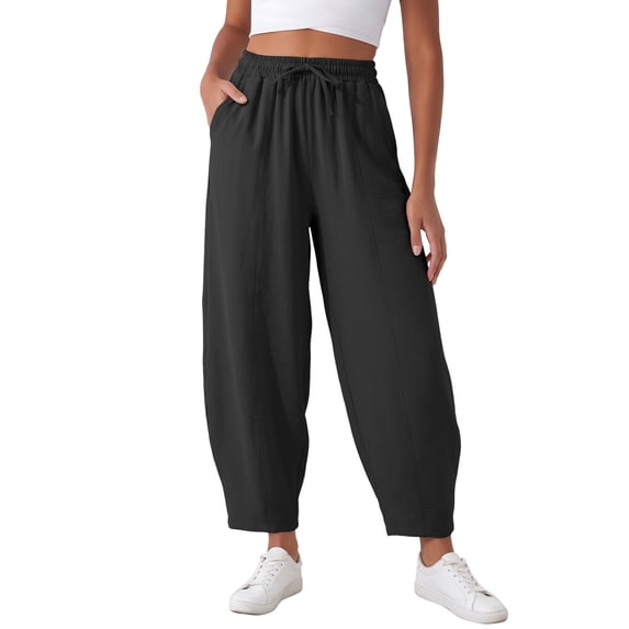 Eytino Women's Summer High Waisted Baggy Pants Casual Ankle Length Trouser Slacks with Pockets Black L