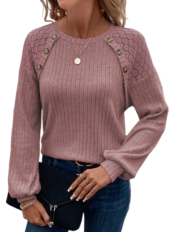 Women's Sweater Lace Raglan Sleeve Button Blouses Casual Crew Neck Long Sleeve Shirt Lightweight Knit Pullover Tops Fall Tops for Women 2025 Purple L