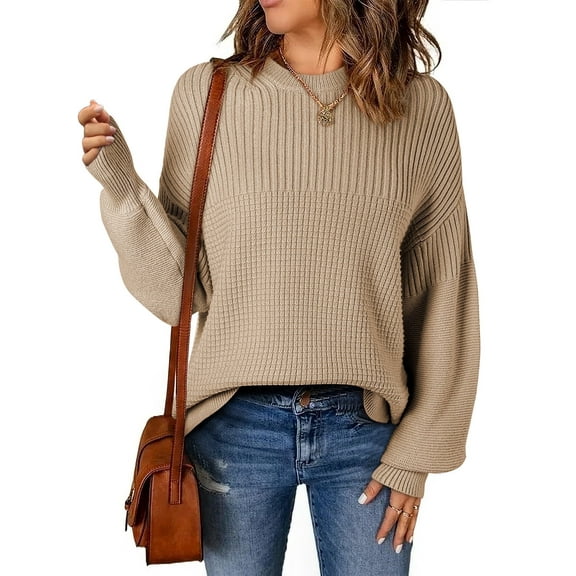 Eytino Women's Sweater Long Lantern Sleeves Sweater Crewneck Cable Knit Casual Oversized Pullover Tops Beige