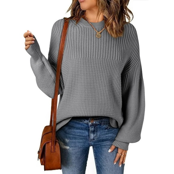 Eytino Women's Sweater Long Lantern Sleeves Sweater Crewneck Cable Knit Casual Oversized Pullover Tops Gray
