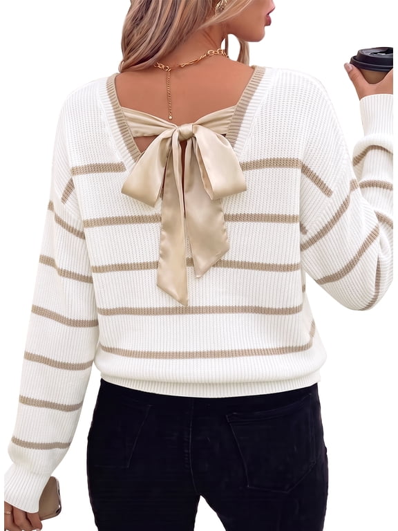 Women’s Sweaters Bow V Neck Long Sleeve Knitted Fall Winter Pullover Sweaters
