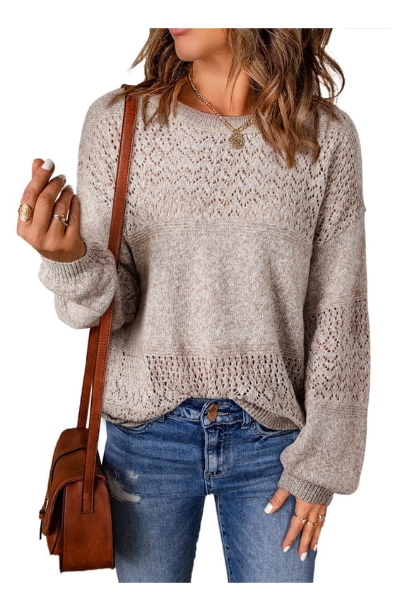 Womens Sweaters Casual Long Sleeve Crewneck Lightweight Crochet Pullover Sweater Tops Beige L