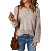 EYTINO Sweaters for Women Casual Long Sleeve Lightweight Crewneck Crochet Pullover Sweater 2025 Fall Tops Beige M