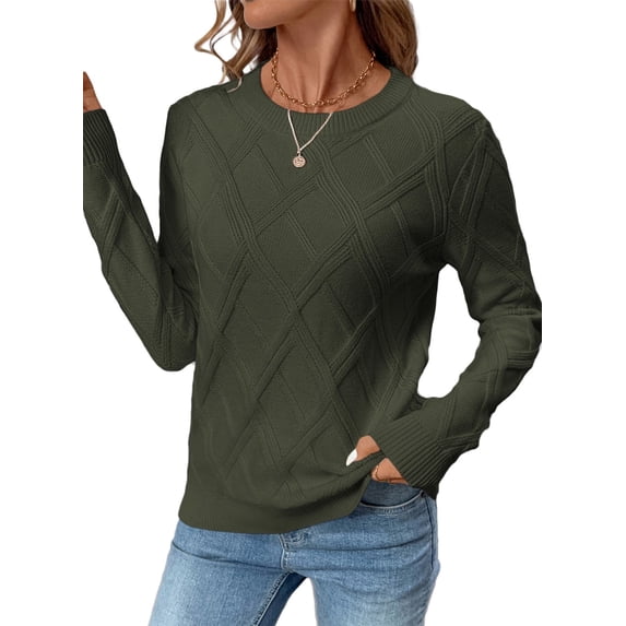 Eytino Women's Sweaters Pullover Sweaters for Women Trendy Crewneck Long Sleeve Cable Knit Sweater Casual Fall Sweater Tops Green S