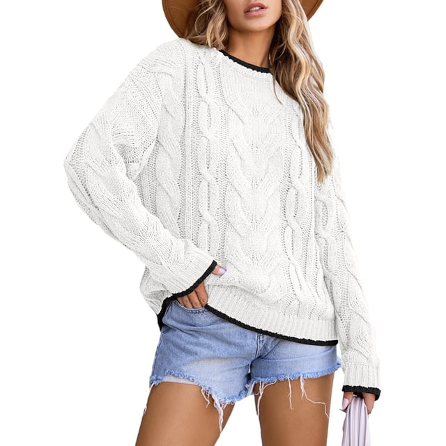 Eytino Women's Sweaters Trendy Crewneck Long Sleeve Color Block Sweater Tops Cable Knit Pullover Sweater for Women White Size M